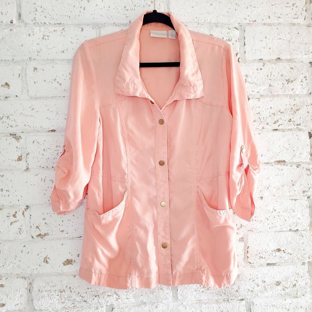 Chicos Womens Royal Peach Twill Utility Jacket Snap Front Coat Size 0
